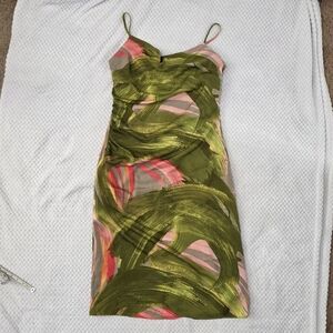 BCBG Abstract Green and Pink Midi Slip Dress